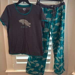 Lazy One Womens Pajama Set - Grey and Teal Whale Design Sz L